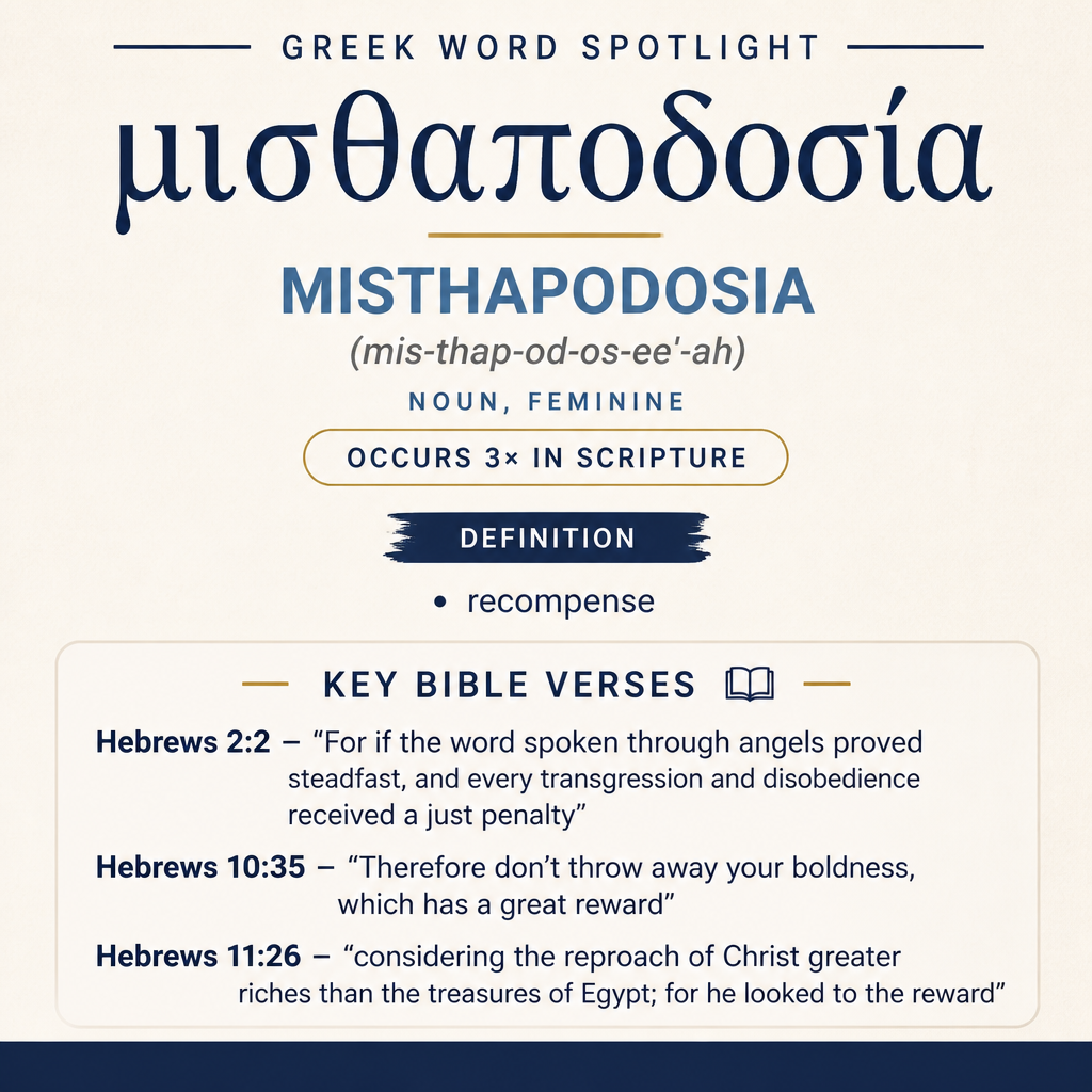μισθαποδοσία refers to “recompense,” appearing three times in Hebrews in contexts of accountability, perseverance, and f