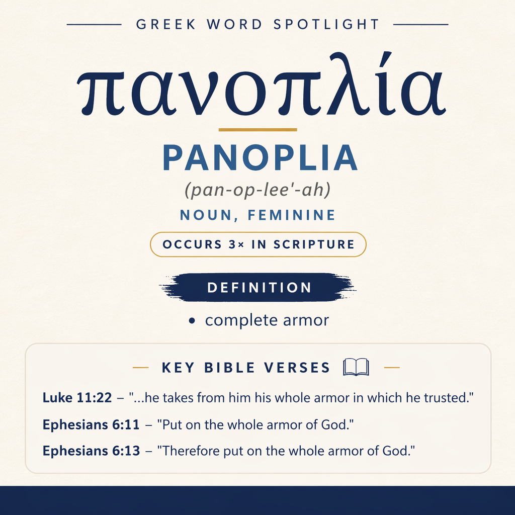 πανοπλία denotes “complete armor” and appears once in Jesus’ teaching (Luke 11:22) and twice in Paul’s exhortation to be