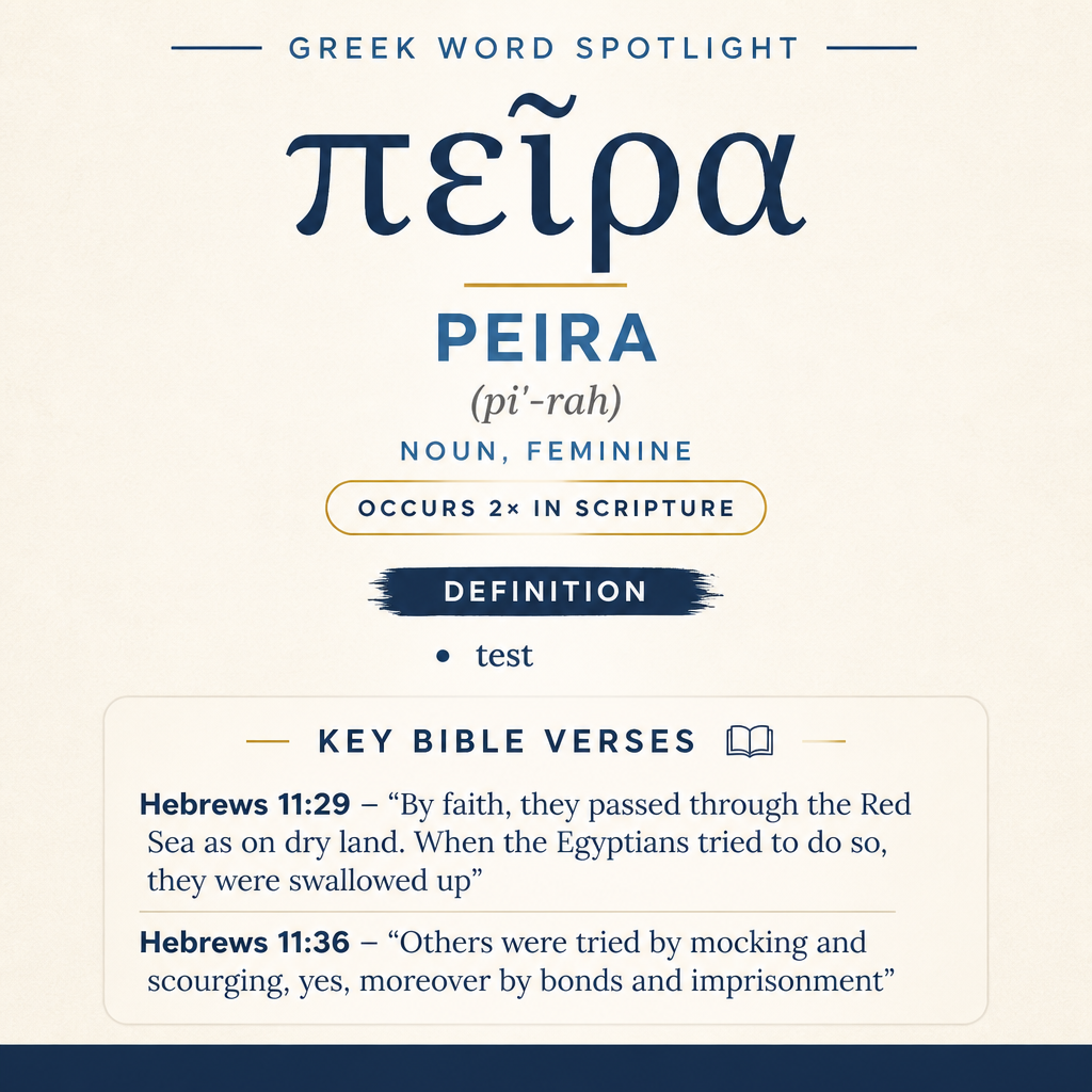 πεῖρα expresses the idea of a “test,” appearing twice in Hebrews 11 in scenes that contrast perilous deliverance with su