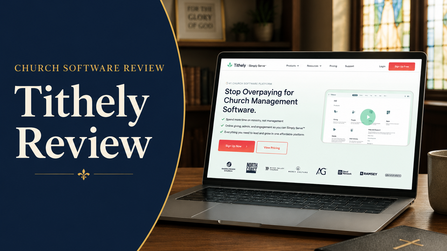 Tithely Review 2026 — 4.3 out of 5 stars, church giving app on laptop and phone