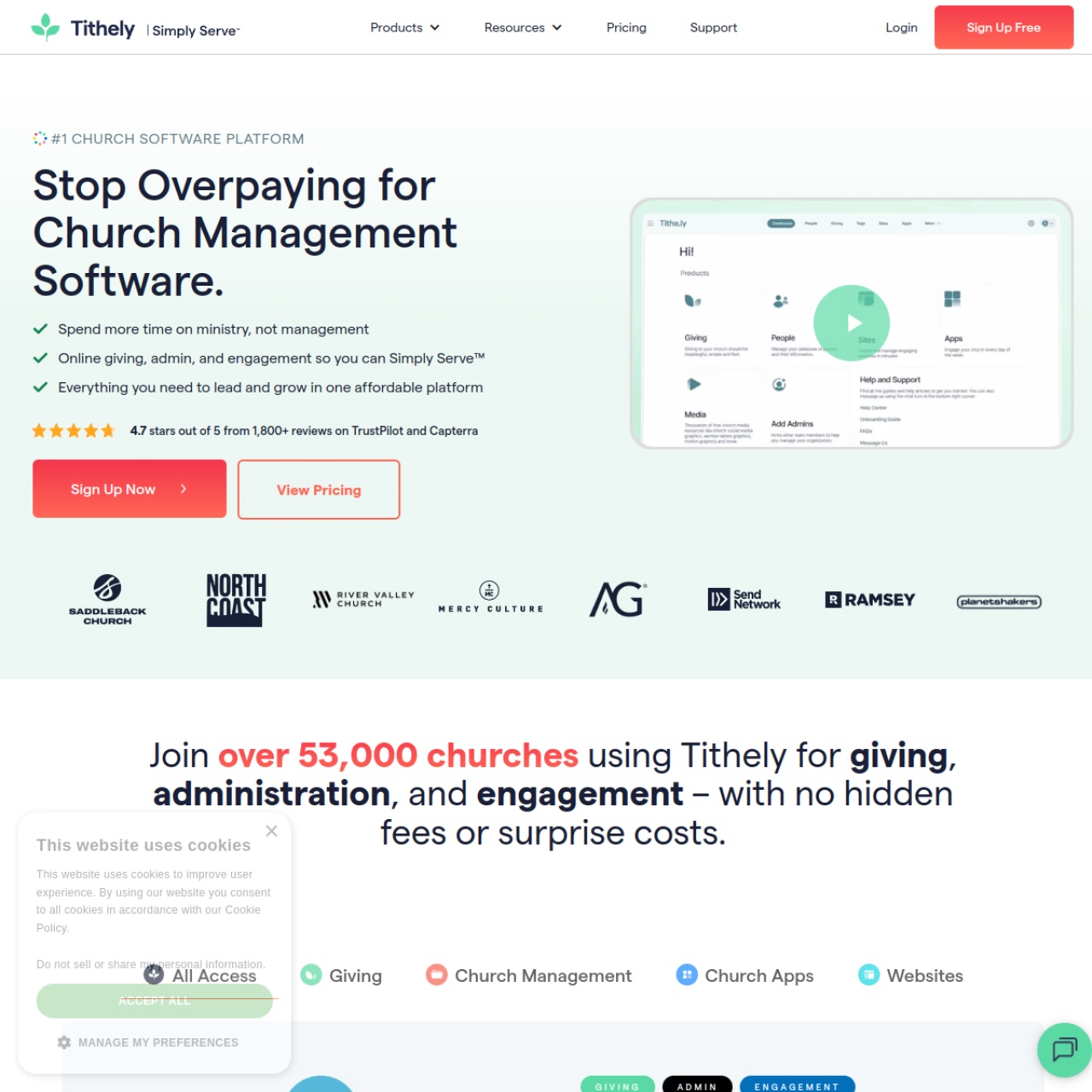 Tithely homepage — one platform for church giving, management, apps and websites