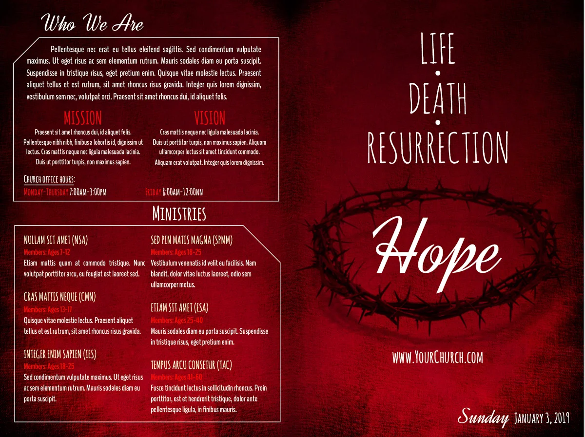 Church bulletin template 2 - Life, Death, Resurrection, Hope by Ministry Voice