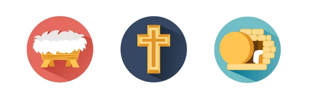 The manger, a golden cross, and the empty tomb - Free Christian Icons by Ministry Voice